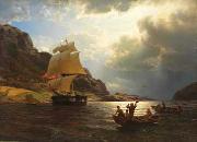 Hans Gude Hjemvendende hvalfangerskip i en norsk havn oil on canvas
